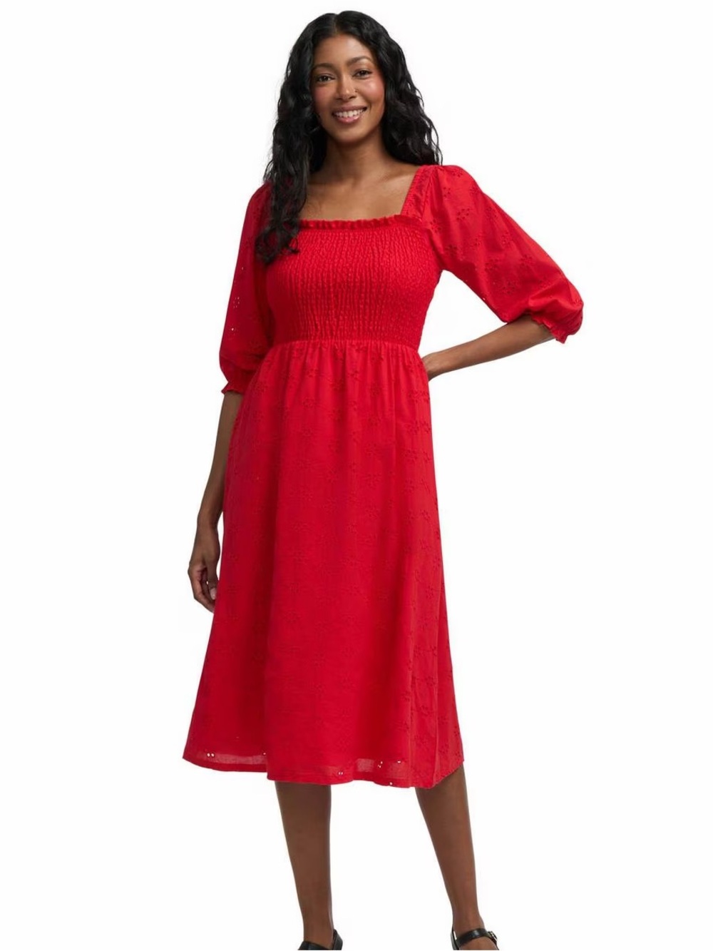 Mexx Red Midi Dress with Smocked Bodice